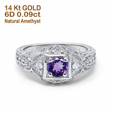 14K White Gold 0.15ct Round Antique Style 5mm G SI Natural Amethyst Diamond Engagement Wedding Ring Size 6.5